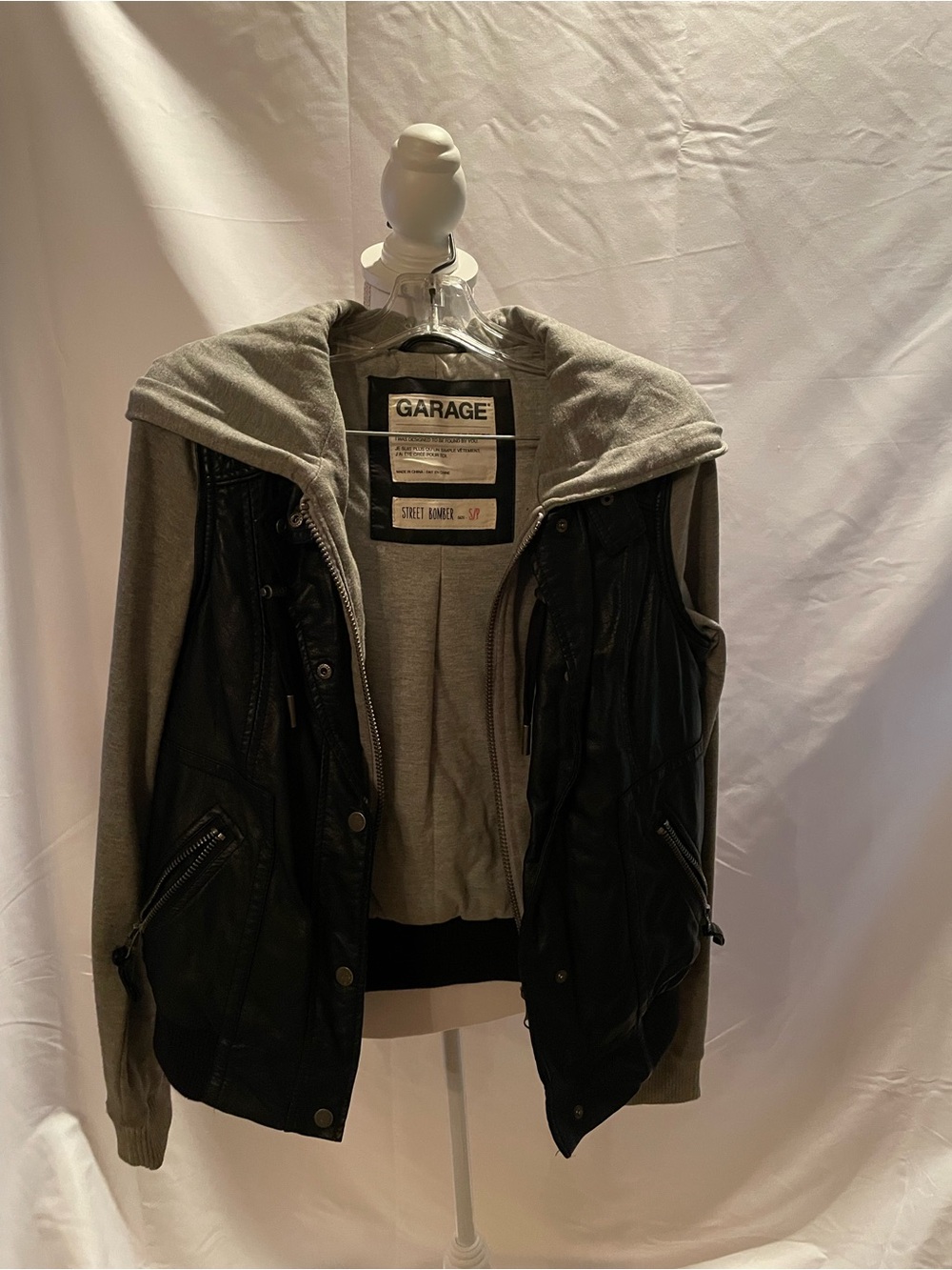 Garage Female Black Faux Leather Jacket with Gray Hoodie Layer